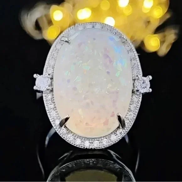 NEW 925 STERLING SILVER OPAL DIAMOND RING, CUTE RING, SHINY RING. - Picture 2 of 5